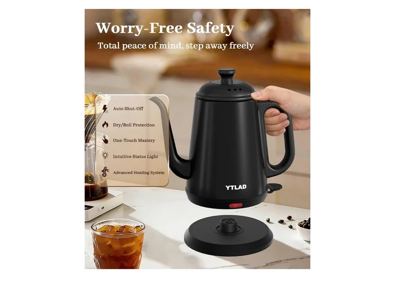 Electric Kettle 1L, 1000W Fast Boiling for Pour-Over Coffee & Tea, Stainless Steel BPA-Free, Precise Flow Spout, Auto Shut-Off & Boil-Dry Protection - (Black)