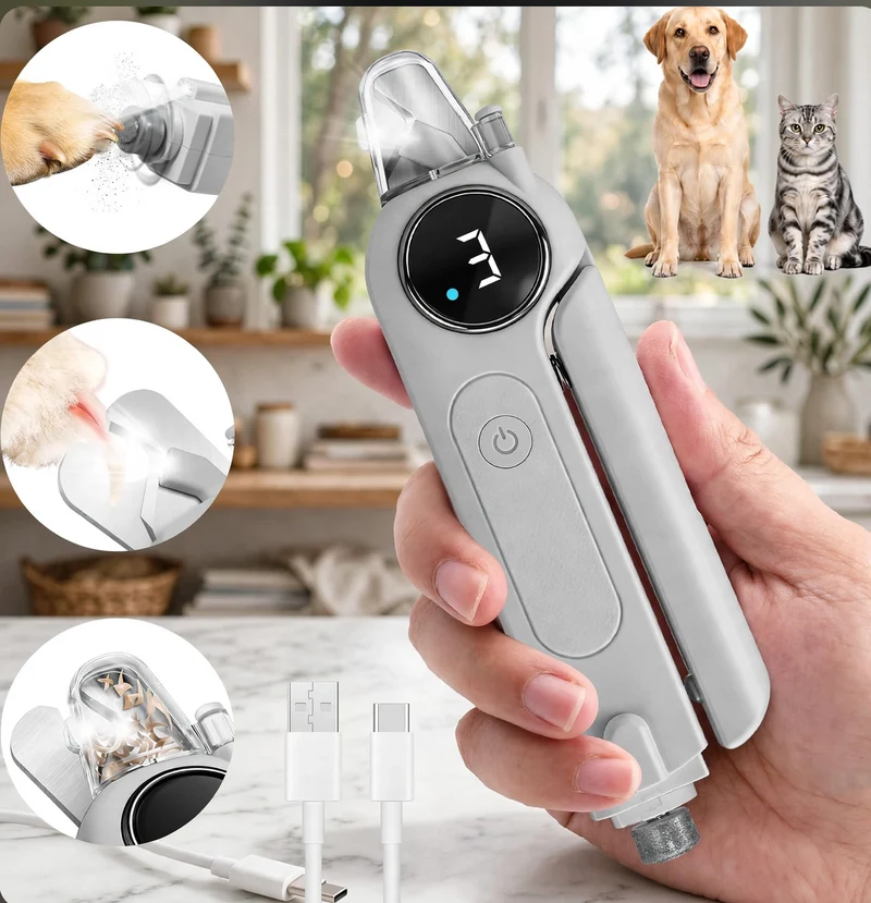 2-in-1 Quiet Electric Pet Nail Clipper Grinder w/ Light for Dogs Cats Dual LED Lights,3-Speed Grinder,Nail Clipping Splash Guard,Type-C Rechargeable- (Gray)