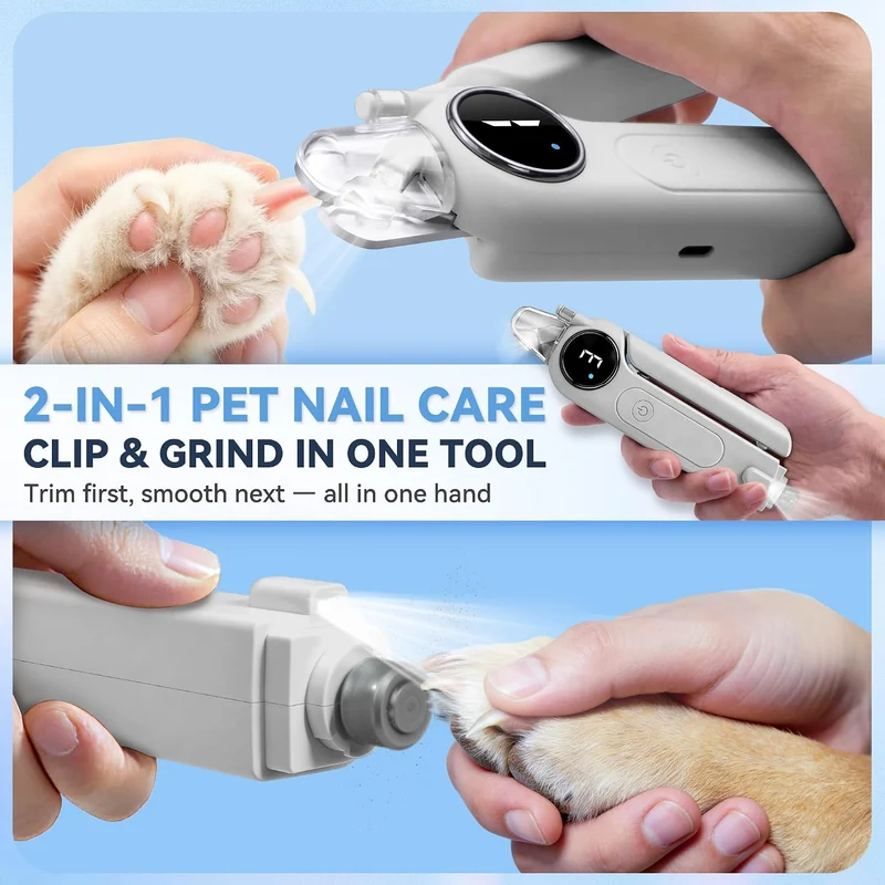 2-in-1 Quiet Electric Pet Nail Clipper Grinder w/ Light for Dogs Cats Dual LED Lights,3-Speed Grinder,Nail Clipping Splash Guard,Type-C Rechargeable- (Gray)