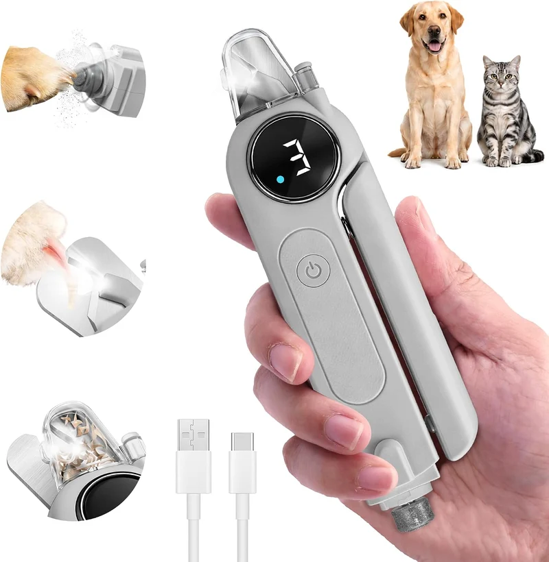 2-in-1 Quiet Electric Pet Nail Clipper Grinder w/ Light for Dogs Cats Dual LED Lights,3-Speed Grinder,Nail Clipping Splash Guard,Type-C Rechargeable- (Gray)
