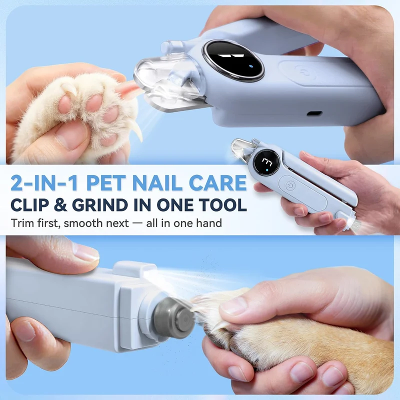 2-in-1 Quiet Electric Pet Nail Clipper Grinder w/ Light for Dogs Cats Dual LED Lights,3-Speed Grinder,Nail Clipping Splash Guard,Type-C Rechargeable - (Blue)
