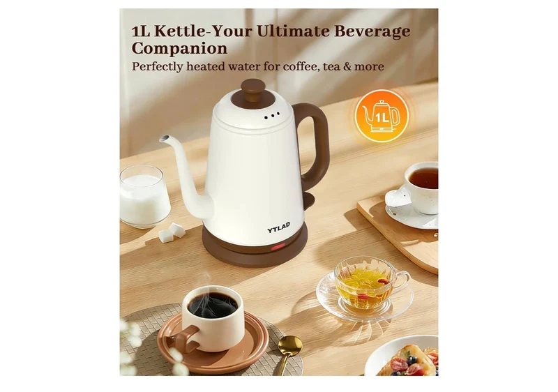 Electric Kettle 1L, 1000W Fast Boiling for Pour-Over Coffee & Tea, Stainless Steel BPA-Free, Precise Flow Spout, Auto Shut-Off & Boil-Dry Protection Retro Style (White)