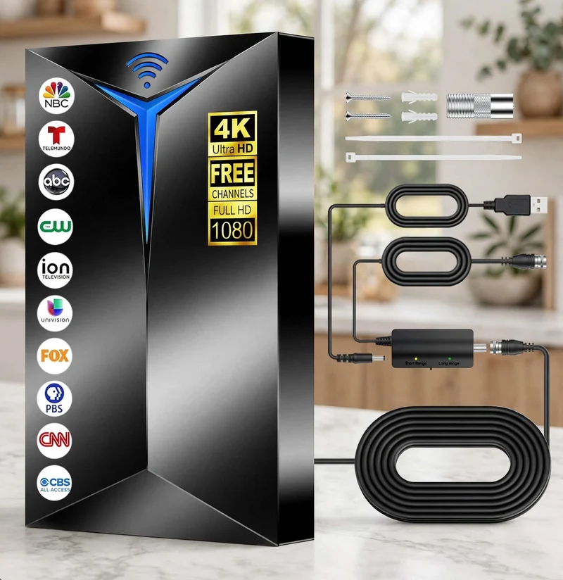Premium TV Antenna Indoor Outdoor – 3500+ Miles Long Range,Built-in Signal Booster