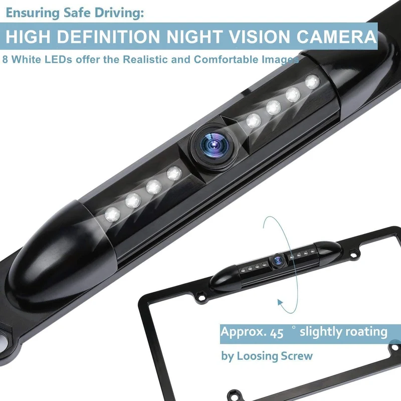 License Plate Frame Backup Camera, 12V Waterproof Rear View Camera W/ 8 LED, 170° Viewing Angle Night Vision Reverse Cam