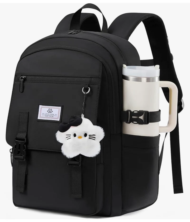 School Backpack 15.6" Water-Resistant Back to School Backpacks, Cute Kid Bookbag With Charm, Large College Travel Daypack - (Black)