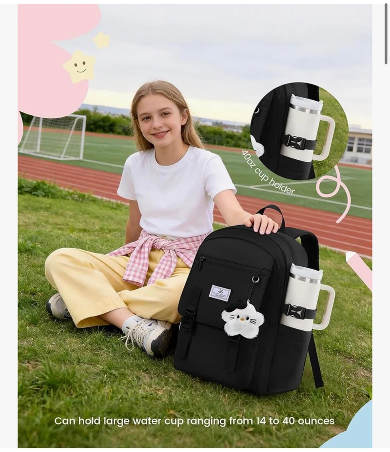 School Backpack 15.6" Water-Resistant Back to School Backpacks, Cute Kid Bookbag With Charm, Large College Travel Daypack - (Black)