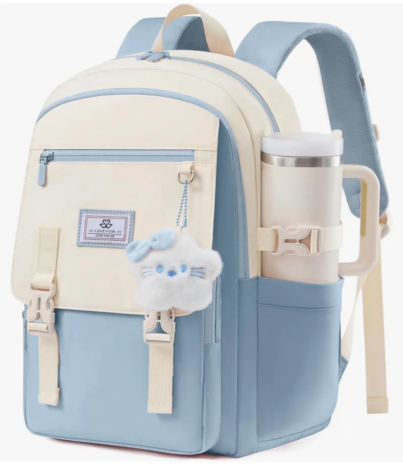School Backpack 15.6 " Water-Resistant Back to School Backpacks, Cute Kid Bookbag With Charm, Large College Travel Daypack - (Baby Blue & Cream)
