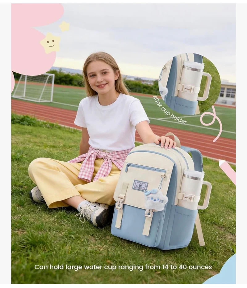 School Backpack 15.6 " Water-Resistant Back to School Backpacks, Cute Kid Bookbag With Charm, Large College Travel Daypack - (Baby Blue & Cream)