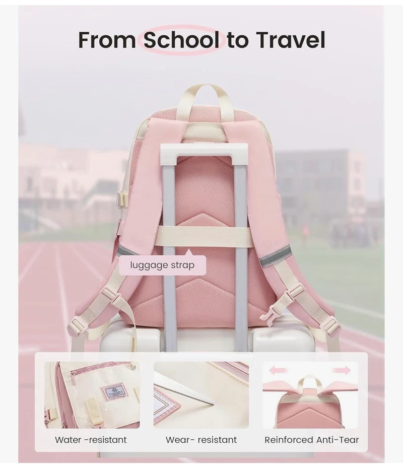 School Backpack 15.6 " Water-Resistant Back to School Backpacks, Cute Kid Bookbag With Charm, Large College Travel Daypack - (Baby Blue & Cream)