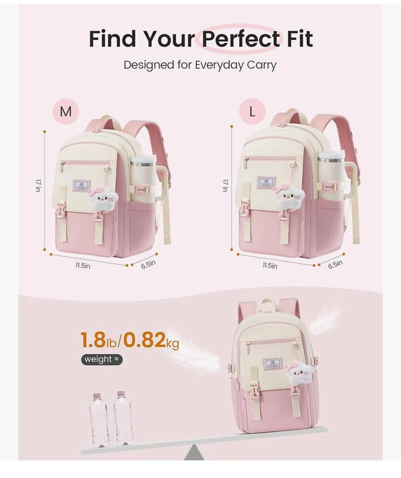 School Backpack 15.6 " Water-Resistant Back to School Backpacks, Cute Kid Bookbag With Charm, Large College Travel Daypack - (Baby Blue & Cream)