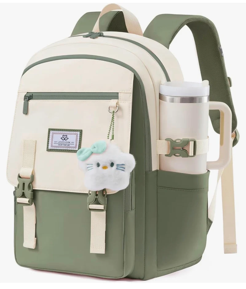 School Backpack 15.6" Water-Resistant Back to School Backpacks, Cute Kid Bookbag With Charm, Large College Travel Daypack - (Sage Green & Cream)