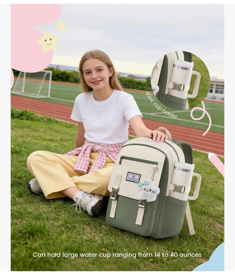 School Backpack 15.6" Water-Resistant Back to School Backpacks, Cute Kid Bookbag With Charm, Large College Travel Daypack - (Sage Green & Cream)