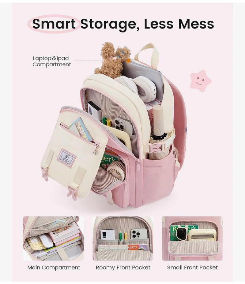 School Backpack 15.6" Water-Resistant Back to School Backpacks, Cute Kid Bookbag With Charm, Large College Travel Daypack - (Sage Green & Cream)