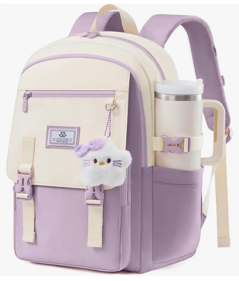 School Backpack 15.6" Water-Resistant Back to School Backpacks, Cute Kid Bookbag With Charm, Large College Travel Daypack - (Lavender & Cream)