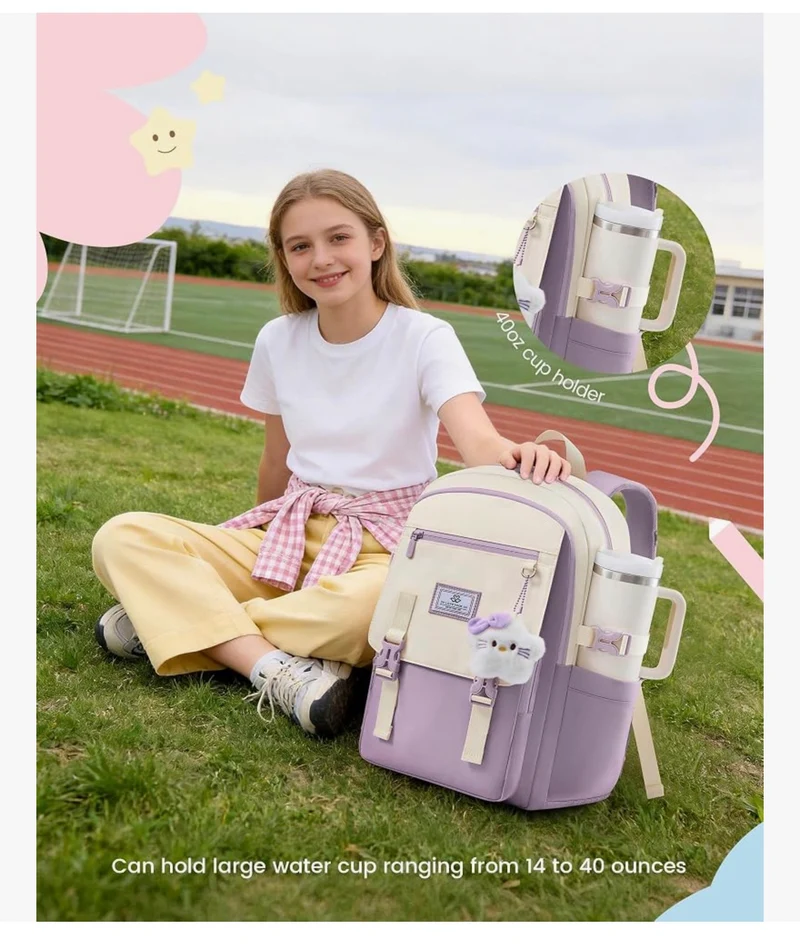 School Backpack 15.6" Water-Resistant Back to School Backpacks, Cute Kid Bookbag With Charm, Large College Travel Daypack - (Lavender & Cream)