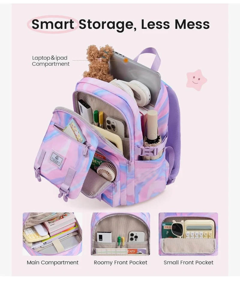 School Backpack 15.6" Water-Resistant Back to School Backpacks, Cute Kid Bookbag With Charm, Large College Travel Daypack - (Lavender & Cream)