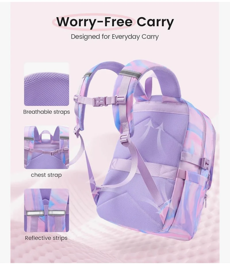 School Backpack 15.6" Water-Resistant Back to School Backpacks, Cute Kid Bookbag With Charm, Large College Travel Daypack - (Lavender & Cream)