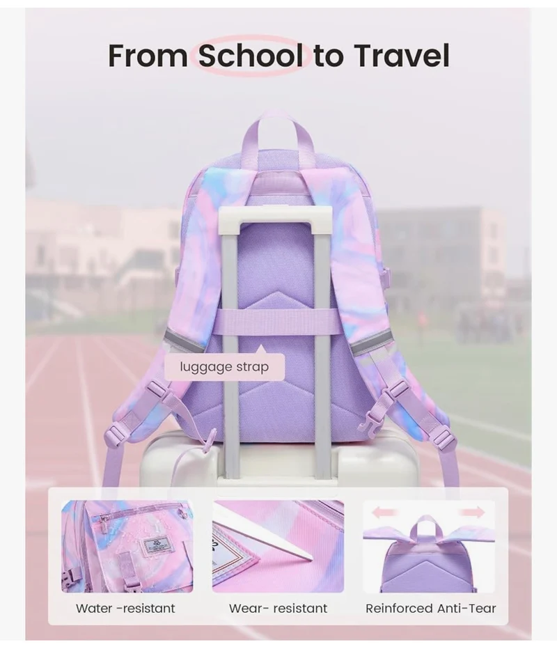 School Backpack 15.6" Water-Resistant Back to School Backpacks, Cute Kid Bookbag With Charm, Large College Travel Daypack - (Lavender & Cream)