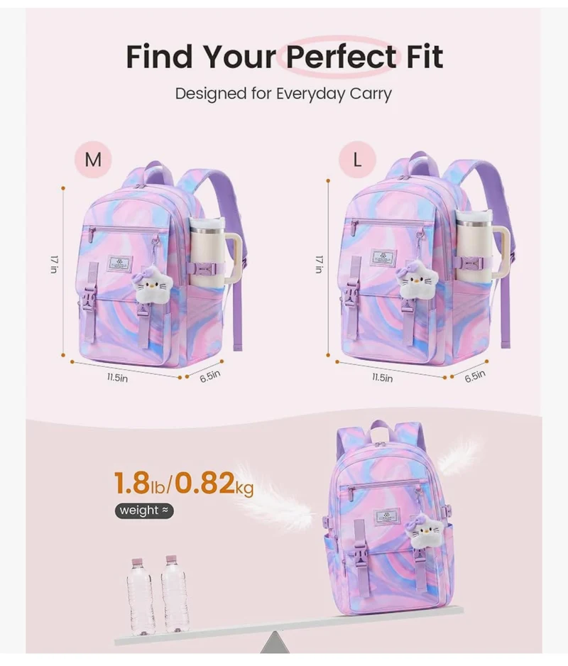 School Backpack 15.6" Water-Resistant Back to School Backpacks, Cute Kid Bookbag With Charm, Large College Travel Daypack - (Lavender & Cream)