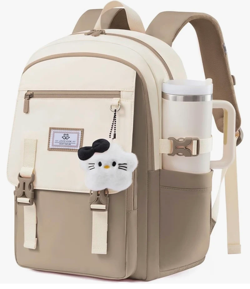 School Backpack 15.6" Water-Resistant Back to School Backpacks, Cute Kid Bookbag With Charm, Large College Travel Daypack - (Khaki & Cream)