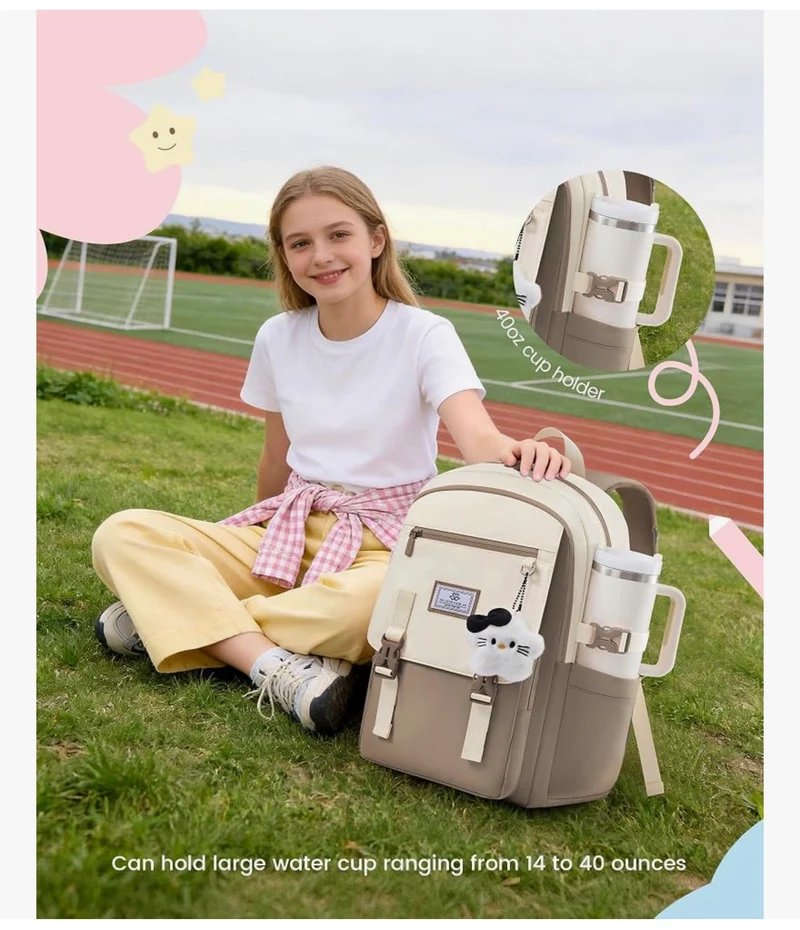 School Backpack 15.6" Water-Resistant Back to School Backpacks, Cute Kid Bookbag With Charm, Large College Travel Daypack - (Khaki & Cream)