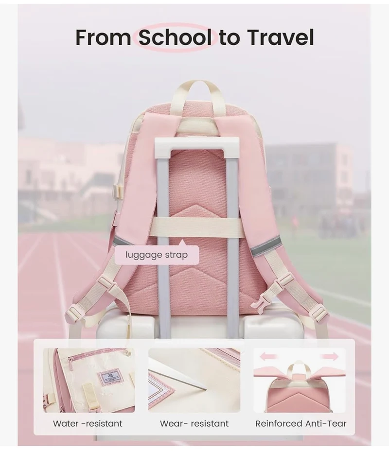 School Backpack 15.6" Water-Resistant Back to School Backpacks, Cute Kid Bookbag With Charm, Large College Travel Daypack - (Khaki & Cream)