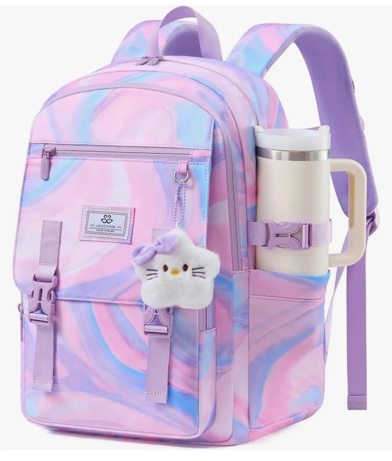 School Backpack 15.6" Water-Resistant Back to School Backpacks, Cute Kid Bookbag With Charm, Large College Travel Daypack - (Pastel Cloud)
