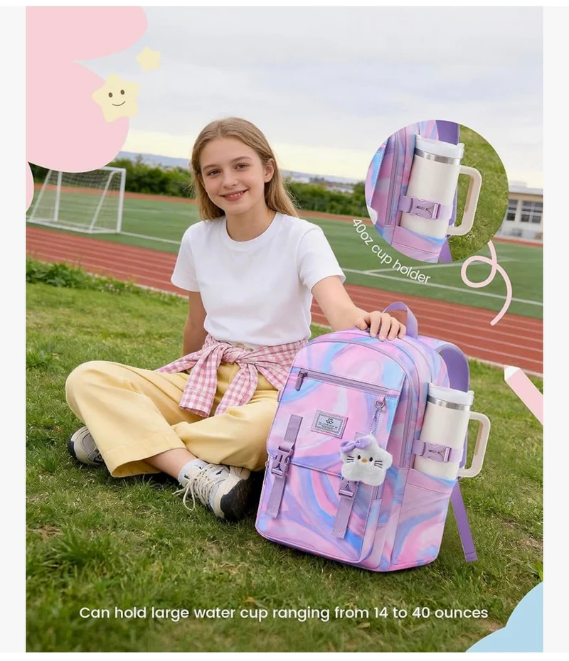 School Backpack 15.6" Water-Resistant Back to School Backpacks, Cute Kid Bookbag With Charm, Large College Travel Daypack - (Pastel Cloud)