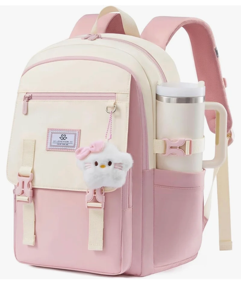 School Backpack 15.6" Water-Resistant Back to School Backpacks, Cute Kid Bookbag With Charm, Large College Travel Daypack - (Pink & Cream)