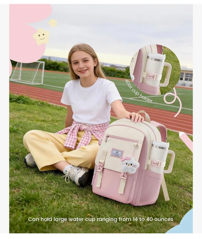 School Backpack 15.6" Water-Resistant Back to School Backpacks, Cute Kid Bookbag With Charm, Large College Travel Daypack - (Pink & Cream)