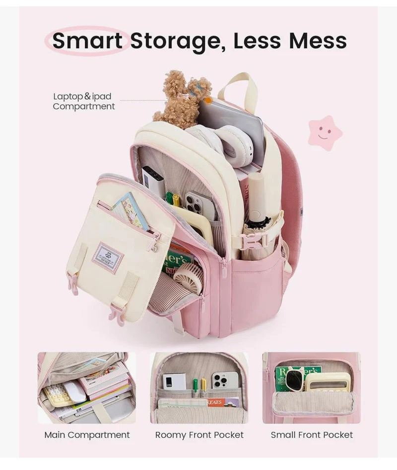 School Backpack 15.6" Water-Resistant Back to School Backpacks, Cute Kid Bookbag With Charm, Large College Travel Daypack - (Pink & Cream)