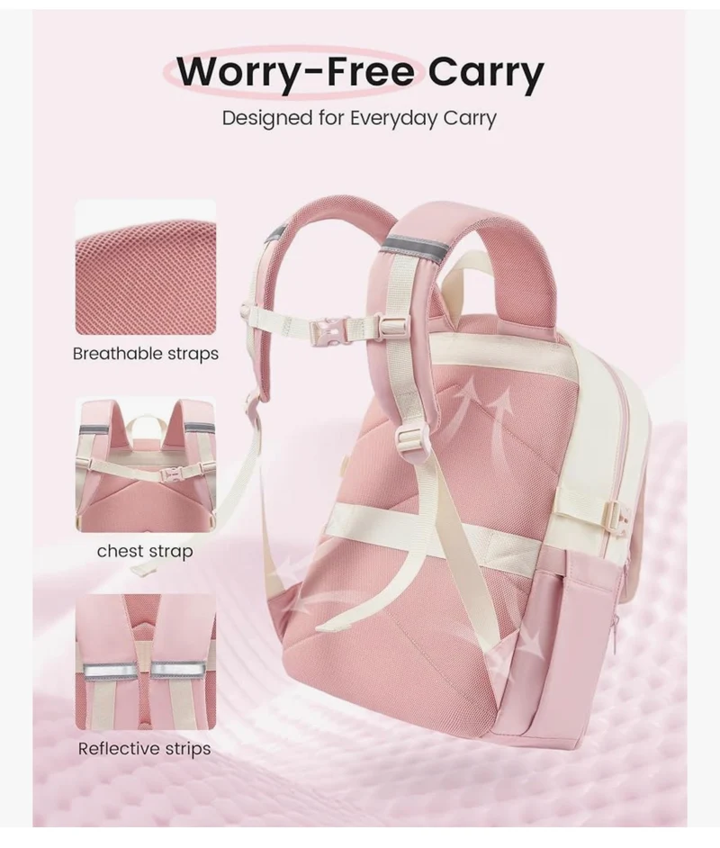 School Backpack 15.6" Water-Resistant Back to School Backpacks, Cute Kid Bookbag With Charm, Large College Travel Daypack - (Pink & Cream)