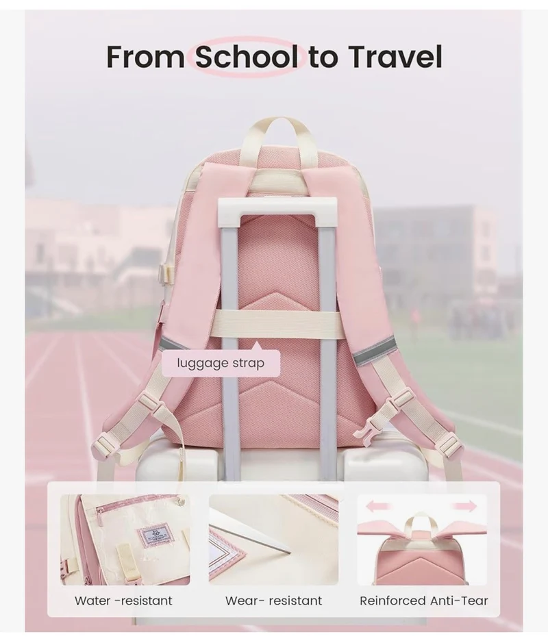 School Backpack 15.6" Water-Resistant Back to School Backpacks, Cute Kid Bookbag With Charm, Large College Travel Daypack - (Pink & Cream)