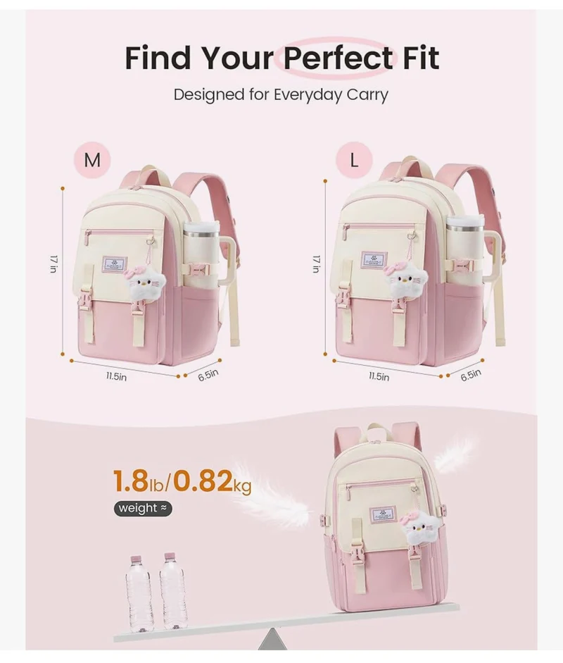 School Backpack 15.6" Water-Resistant Back to School Backpacks, Cute Kid Bookbag With Charm, Large College Travel Daypack - (Pink & Cream)