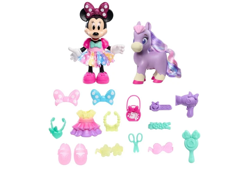Disney Junior Minnie Mouse Groom & Glam Pony Set, Poseable 21-piece Doll and Accessories Set, Kids Toys for Ages 3 Up +