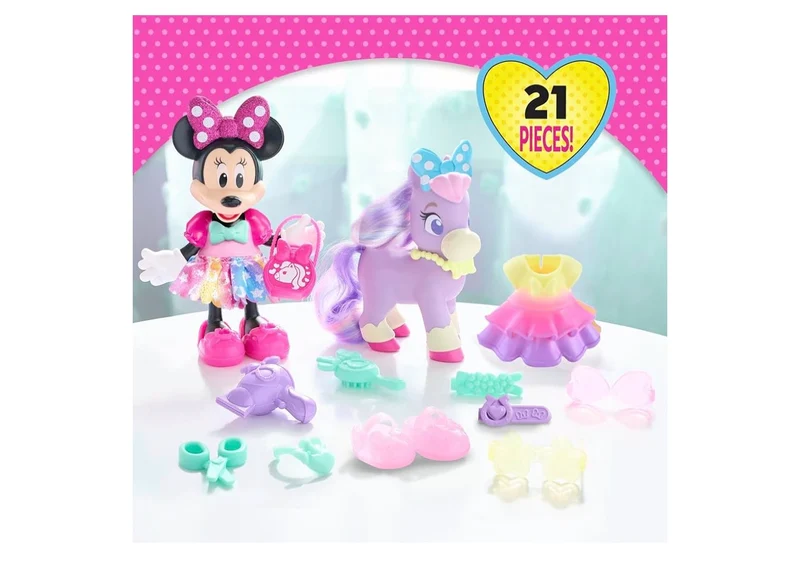 Disney Junior Minnie Mouse Groom & Glam Pony Set, Poseable 21-piece Doll and Accessories Set, Kids Toys for Ages 3 Up +