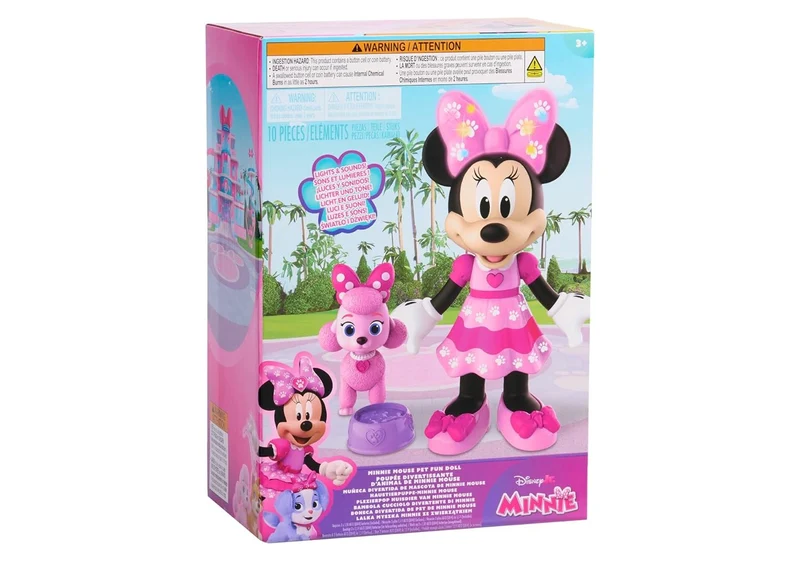 Disney Jr. Minnie Mouse Pet Fun Doll, 10" Poseable Minnie Doll Lights & Sounds, Accessories, Pink Poodle Toy, Kids Gift, Ages 3 and Up+
