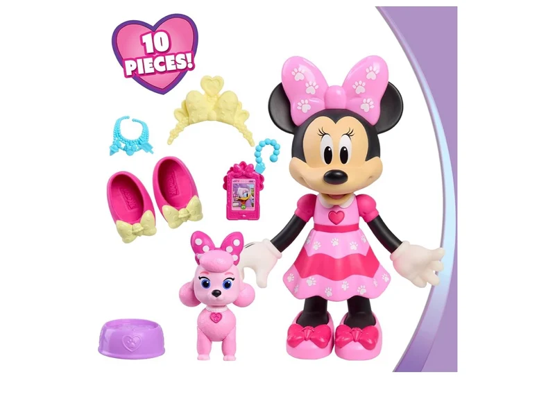 Disney Jr. Minnie Mouse Pet Fun Doll, 10" Poseable Minnie Doll Lights & Sounds, Accessories, Pink Poodle Toy, Kids Gift, Ages 3 and Up+