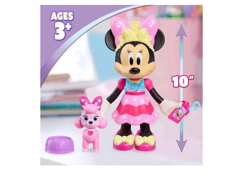Disney Jr. Minnie Mouse Pet Fun Doll, 10" Poseable Minnie Doll Lights & Sounds, Accessories, Pink Poodle Toy, Kids Gift, Ages 3 and Up+