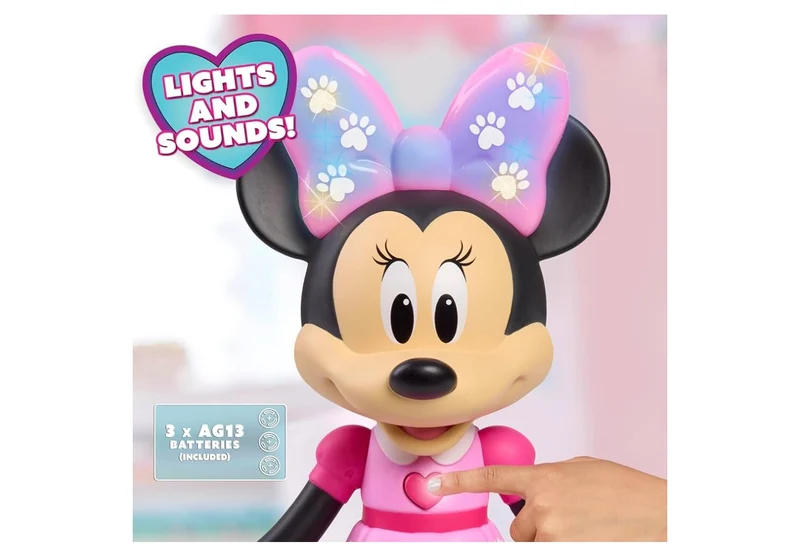 Disney Jr. Minnie Mouse Pet Fun Doll, 10" Poseable Minnie Doll Lights & Sounds, Accessories, Pink Poodle Toy, Kids Gift, Ages 3 and Up+