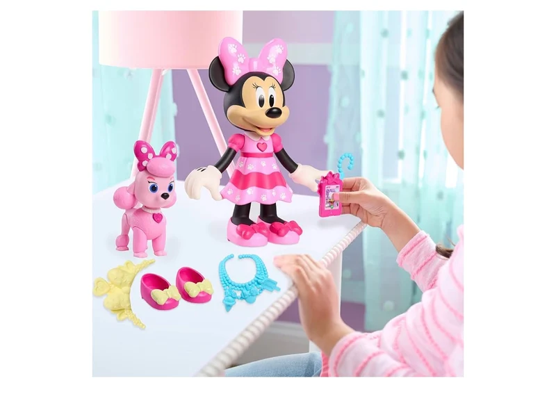 Disney Jr. Minnie Mouse Pet Fun Doll, 10" Poseable Minnie Doll Lights & Sounds, Accessories, Pink Poodle Toy, Kids Gift, Ages 3 and Up+
