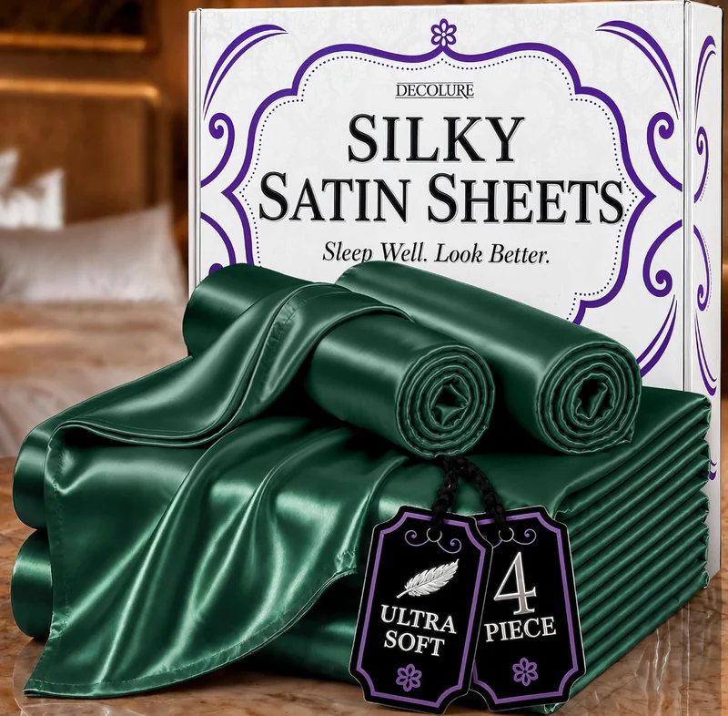 4PCS Luxury Silky Queen Size Bedding Set - Softer Than Silk, Wrinkle-Free with 15” Deep Pocket Fitted Sheet - (Dark Green)