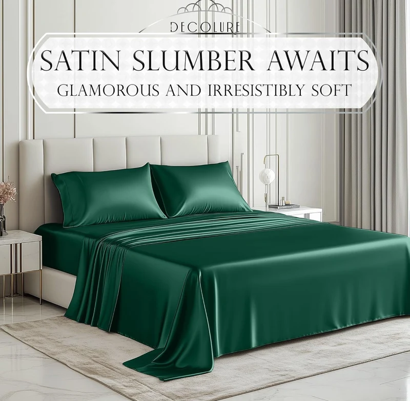 4PCS Luxury Silky Queen Size Bedding Set - Softer Than Silk, Wrinkle-Free with 15” Deep Pocket Fitted Sheet - (Dark Green)