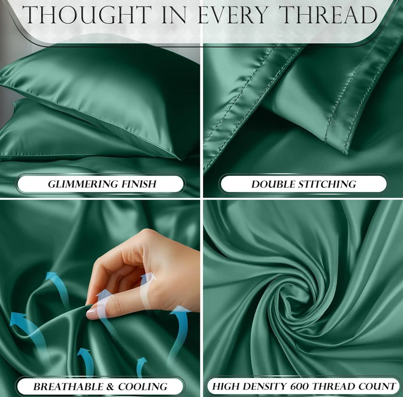 4PCS Luxury Silky Queen Size Bedding Set - Softer Than Silk, Wrinkle-Free with 15” Deep Pocket Fitted Sheet - (Dark Green)