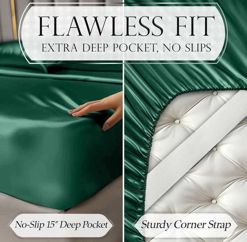 4PCS Luxury Silky Queen Size Bedding Set - Softer Than Silk, Wrinkle-Free with 15” Deep Pocket Fitted Sheet - (Dark Green)