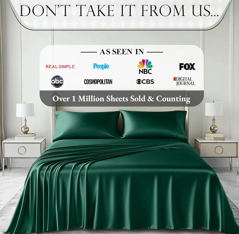 4PCS Luxury Silky Queen Size Bedding Set - Softer Than Silk, Wrinkle-Free with 15” Deep Pocket Fitted Sheet - (Dark Green)