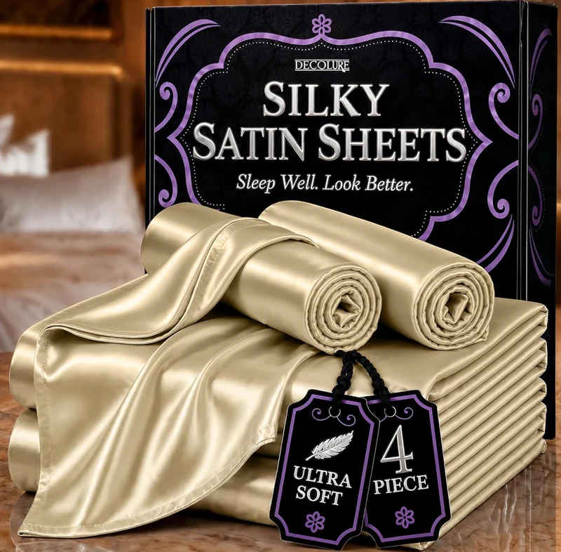 4PCS Luxury Silky Queen Size Bedding Set - Softer Than Silk, Wrinkle-Free with 15” Deep Pocket Fitted Sheet - (Champagne)