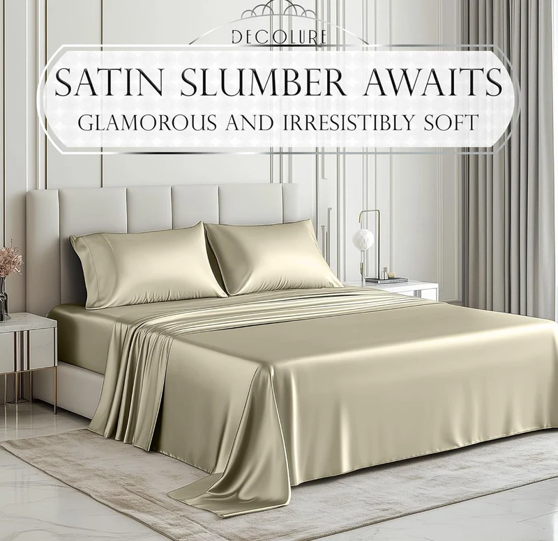 4PCS Luxury Silky Queen Size Bedding Set - Softer Than Silk, Wrinkle-Free with 15” Deep Pocket Fitted Sheet - (Champagne)