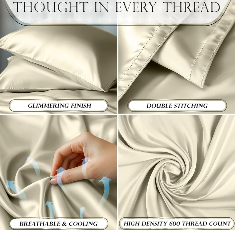 4PCS Luxury Silky Queen Size Bedding Set - Softer Than Silk, Wrinkle-Free with 15” Deep Pocket Fitted Sheet - (Champagne)