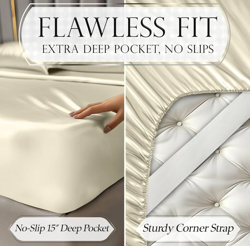 4PCS Luxury Silky Queen Size Bedding Set - Softer Than Silk, Wrinkle-Free with 15” Deep Pocket Fitted Sheet - (Champagne)